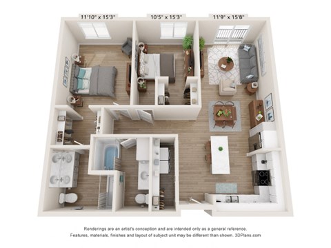Floor plan for 2 beds, 2 baths, 1184 sqft